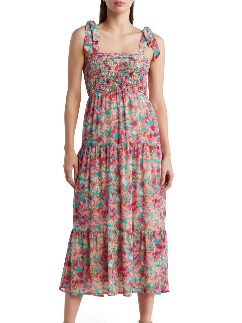 Sam Edelman Floral Smocked Tiered Maxi Dress Pink Teal Tie Strap Cottagecore 12